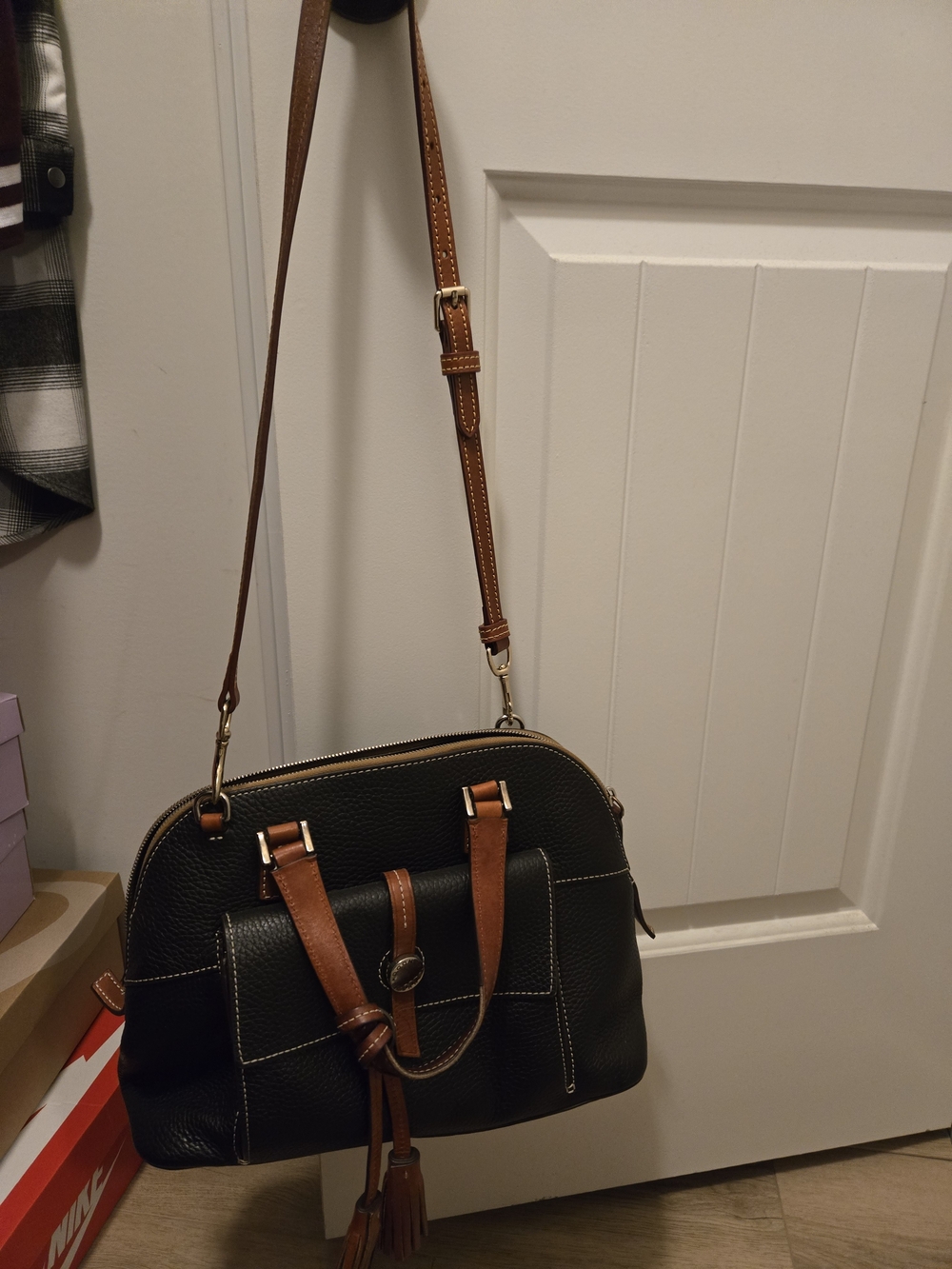 Dooney & Bourke Black Pebbled Leather Satchel with Brown Trim - Picture 7 of 7